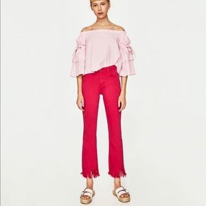 NEW ZARA PINK HIGH WAIST CROPPED FRAYED HEM JEANS